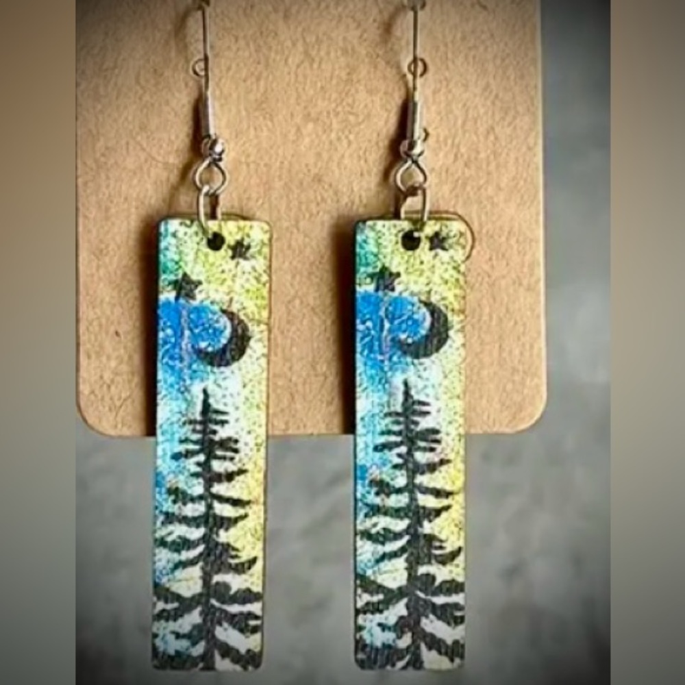 Moon & Tree Outdoor Woodsy Landscape Earrings *Yellow